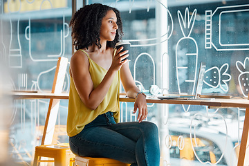 Image showing Black woman, coffee shop and thinking by window with idea, vision and goals for life, career or job. Young gen z girl, student and drink latte in cafe with focus, motivation and laptop for research