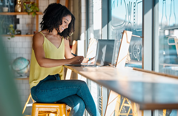 Image showing Business, entrepreneur and black woman with remote work from home, sunlight and focus for new project, schedule and planning. African American female, lady and leader with startup, laptop and smile