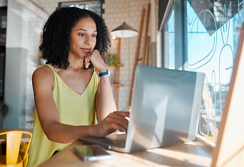 Image showing Coffee shop, laptop and black woman with cafe wifi connection while reading email or feedback. Young entrepreneur person doing remote work, social media or writing blog post content on internet