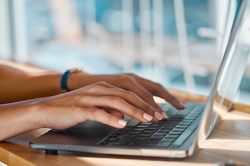 Image showing Closeup, hands and woman typing, data analysis and update system, process or deadline. Female employee, freelancer or entrepreneur with laptop, keyboard or new project with schedule or online reading