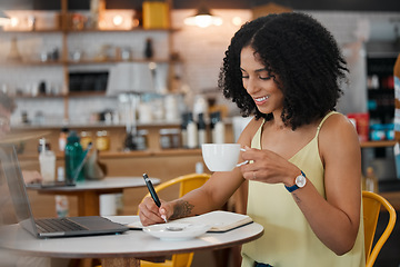 Image showing Coffee shop, laptop and woman writing notes for a freelance project while drinking a espresso. Technology, notebook and female freelancer from Mexico planning business report with a cappucino in cafe