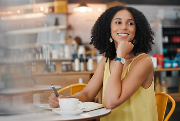 Image showing Coffee shop, happy and woman writing notes for a freelance project with a cup of espresso. Happiness, smile and female freelancer working on a creative report in a notebook with a cappucino in a cafe