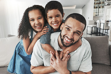 Image showing Family, children and portrait of father with kids on sofa, hug and happy while bonding in their home. Face, girl and boy with parent embrace, relax and playing in living room on the weekend together