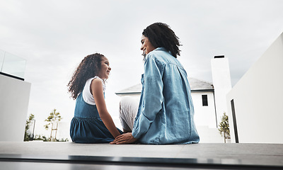 Image showing Love, mother and girl outdoor, talking and quality time on weekend, break and loving together. Child development, mama and female kid chatting, outside and conversation for fun, playful and cheerful