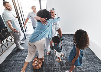 Image showing Welcome, family hug and home of a mother, grandparents and children with happiness in a lounge. Living room, happy children and kids with love and parent care in a house with elderly parents