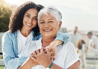 Image showing Mother, grandmother and hug portrait outdoor with family, care and parent love with a smile. Happiness, retirement and mom with elderly woman together on a happy vacation with a senior grandma