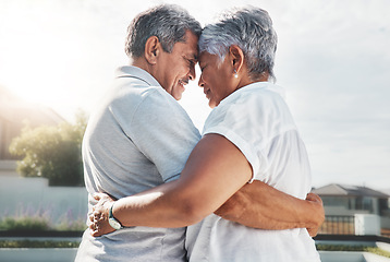 Image showing Love, forehead and senior couple hug, outdoor and celebrate achievement, relationship and anniversary. Romance, old man and mature woman embrace, romantic or loving outside, bonding or face together