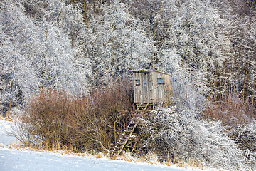 Image showing Winter hunting tower covered with snow