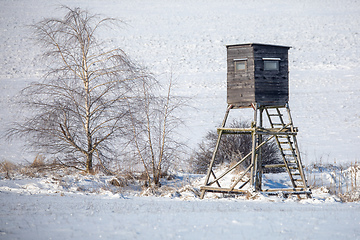 Image showing Winter hunting tower covered with snow