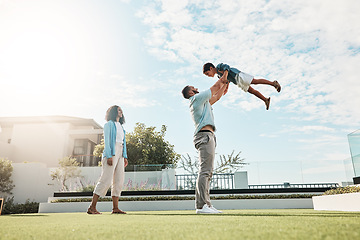 Image showing Playground, park and family outdoor in nature on a summer day on holiday with mom, dad and child. Play, fun and freedom of a mother, man and kid in the air together with love and parent care