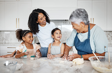 Image showing Cooking dough, learning and family with kids in kitchen baking dessert or pastry. Education, care and mother and grandma teaching sisters or children how to bake, bonding and laughing at comic joke.
