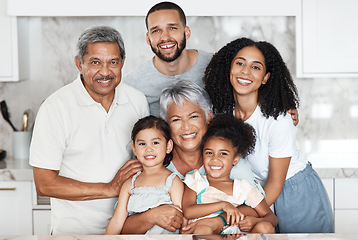 Image showing Big family, smile and portrait in home kitchen, bonding and having fun together. Love, support and happy father, mother and grandparents with girls, kids or children, smiling or enjoying quality time