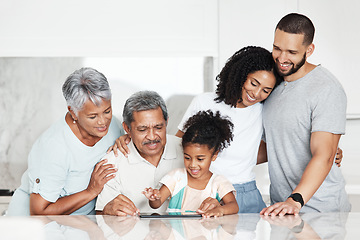 Image showing Digital tablet, bonding and big family at their home watching a video on social media or mobile app. Love, happy grandparents and parents spending time with a girl child streaming a movie on a device