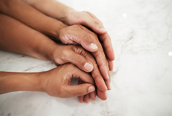 Image showing People, hands and touching in care or support for relationship, generations or family on table. Hand of group embracing love, community or trust in unity together, partnership or trust in solidarity