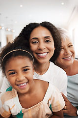 Image showing Family, generations and selfie with love in portrait and care at home, mother and grandmother with child together with smile. Happiness in picture, relationship and wellness with women and girl