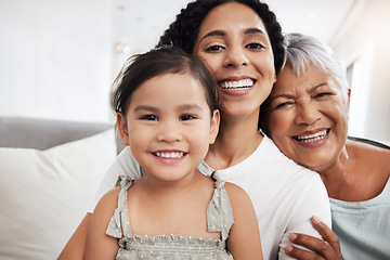 Image showing Family, generations and smile in portrait with love and care with mother and grandmother with child at home. Happiness, relationship and wellness with women and girl spending quality time together