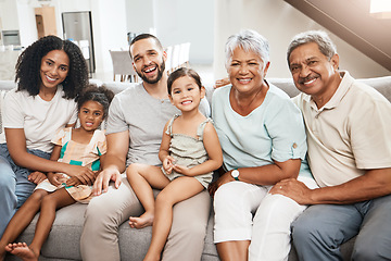 Image showing Happy family, portrait smile and on living room sofa relaxing together for fun holiday break or weekend at home. Grandparents, parents and children smiling in happiness together for bonding on couch