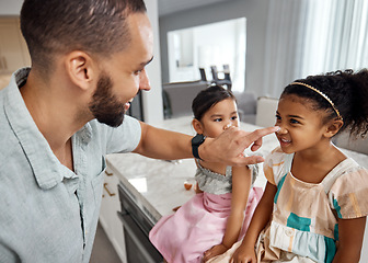 Image showing Cream, children nose and father for skincare, support and love in bathroom together with sunscreen help. Moisturizer, lotion and dermatology product with family person or dad and girl kids at home