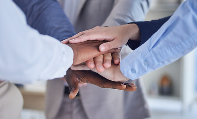 Image showing Business people, hands stack and teamwork motivation for goals, dream or mission in finance company. Corporate team building, diversity and solidarity for vision, strategy and collaboration in office