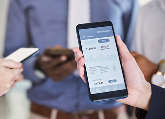 Image showing Business, finance and hands with a profit on a phone, money market and payment analytics online. Investment, trading and businessman showing a mobile app for financial investing and stock market