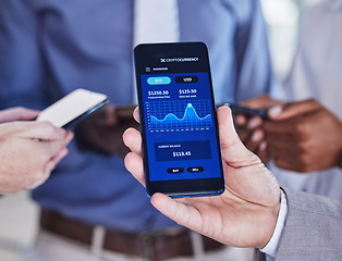 Image showing Online trading, stats and hands with a phone for finance, digital analytics and money from business. Payment, market businessman showing investment progress, profit and wealth on a mobile app