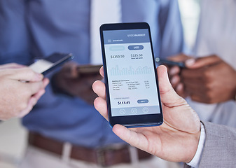 Image showing Trading, finance stats and hands with a phone for profit, digital analytics and money from business. Payment, market screen showing investment progress, growth and wealth on a mobile app with man