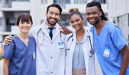 Image showing Healthcare, doctors and portrait of a hug for medicine, city nursing and outdoor medical team. Happy, support and teamwork for health collaboration, solidarity and working together in Portugal