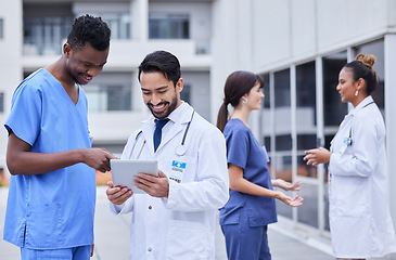 Image showing Doctors, research or team building on tablet outdoor for collaboration, networking or medicine search. Happy, medical or group of nurse smile on tech for strategy, communication or test data review