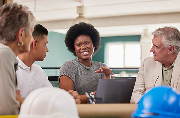 Image showing Group collaboration, diversity or architect team working on real estate development, architecture engineering or planning. Consulting meeting, teamwork or black woman with digital floor plan proposal