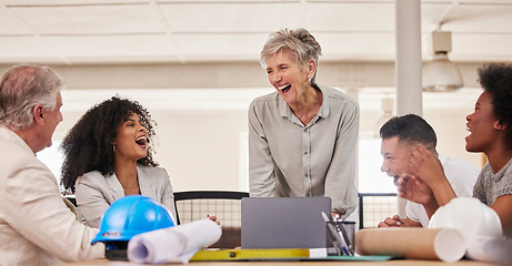 Image showing Laughing, conversation and employees in an engineering meeting for teamwork, planning and design. Comic, smile and group of happy architecture workers in a funny discussion about construction