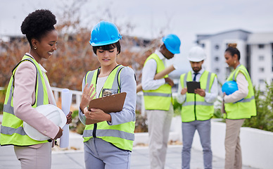 Image showing Industry, inspection and construction team with a clipboard for a maintenance, repair or building project. Collaboration, teamwork and industrial workers analyzing or planning architecture checklist.