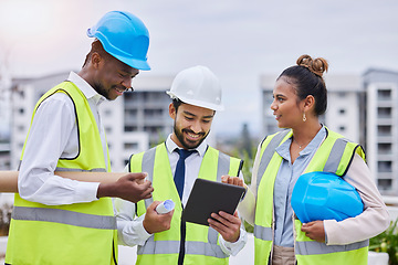 Image showing Construction site, digital tablet and team of engineers at building creative, planning and vision. Design, teamwork and architect group online for thinking, problem solving and engineering on mockup