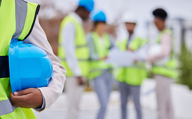 Image showing Construction, building and team of engineers on site for creative, planning and blurred background. Builder, safety and architect with group for thinking, problem solving and engineering on mockup