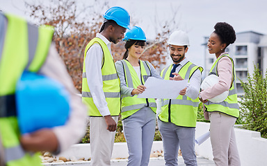 Image showing Architecture, collaboration and blueprint with a designer team working together outdoor on a construction site. Building, design and meeting with an engineer employee group planning together outside