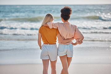 Image showing Back, women and friends hug, beach and summer vacation for bonding, tropical island and adventure on break. Females, ladies and embrace on seaside holiday, bonding and loving together, view and relax