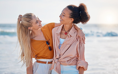 Image showing Hug, friendship and women at the beach for bonding, weekend fun and quality time in Miami. Travel, summer and friends with affection, freedom and on holiday together at the sea to relax by the ocean