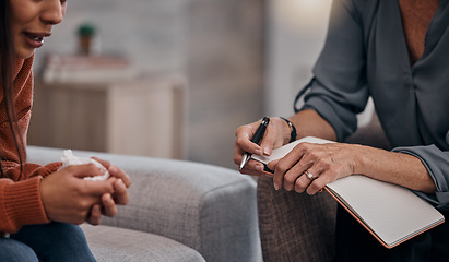 Image showing Crying, help and psychologist with a woman for therapy, depression notes and talking about trauma. Psychology, mental health and patient in counseling with a therapist writing the conversation