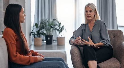 Image showing Mental health, help and psychologist with a woman for therapy, consultation and anxiety support. Psychology, helping and therapist talking to a patient about depression during counseling meeting