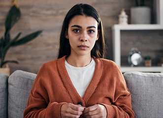 Image showing Portrait, mental health and therapy with a black woman patient in an office, sitting in an office to talk about depression.