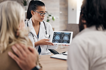 Image showing Neurology, results on tablet and doctor with couple, mri brain scan or x ray diagnosis for cancer. Consulting, man and woman in doctors office with anxiety on health problem, patient data in hospital