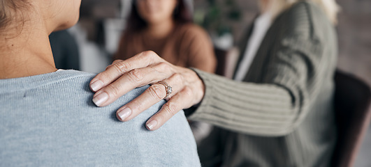 Image showing Closeup, hand and old woman support friend, solidarity and community with sympathy and therapy. Zoom, touching shoulder for grief and female with love, compassion or group with loss and communication