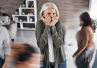 Image showing Anxiety, schizophrenia and woman in mental health problem, crisis and fear in busy office or workplace. Scared, depression and trauma of bipolar senior person with fast people, speed or walking crowd