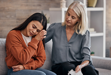 Image showing Sad woman, therapist and care for understanding in support for addiction, mental health or counseling. Female counselor or shrink helping crying patient in healthcare, therapy session or meeting