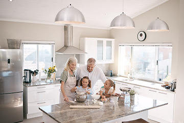 Image showing Baking, senior family and children in kitchen bonding, love and learning in morning with breakfast help. Real people or grandparents and girl kids teaching, cooking and food with home development