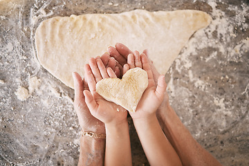 Image showing Top view, hands and heart with parent baking with kid, teaching and bonding together, weekend break and loving. Love, family or in kitchen with dough, love or child development with skills or support