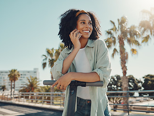 Image showing City scooter, phone call and black woman talking, chatting or speaking outdoors on street. Travel, communication and happy female with electric moped and 5g mobile for networking or conversation.