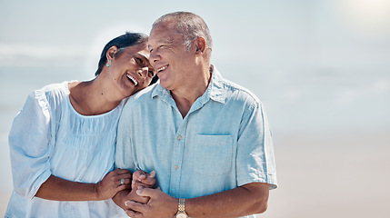 Image showing Senior couple, beach and laughing of love, relax and mockup on summer holiday, vacation or date. Happy retirement, man and woman at ocean for happiness, support and smile in care together in sunshine