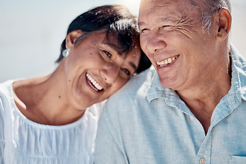 Image showing Senior couple, sunshine and smile for love, care and romance on summer holiday, vacation or date. Happy man, woman and retirement people outdoors for happiness, support and relax in romantic marriage