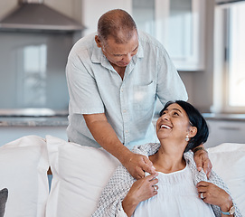 Image showing Love, retirement and happy with a senior couple in the living room of their home together to relax. Sofa, bonding or marriage with a mature man and woman relaxing in the lounge of their house