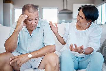 Image showing Conflict, discussion and senior couple fighting with marriage problem, stress and sad about divorce. Communication, depression and elderly woman speaking to man about retirement plan while frustrated